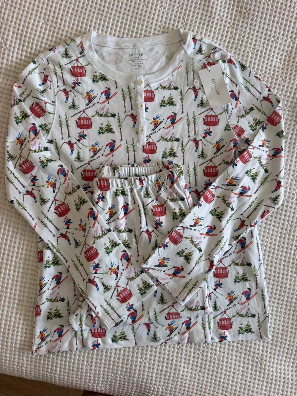 Hart + Land 100% Pima Cotton White Ski Print Long Sleeve Pajama Set